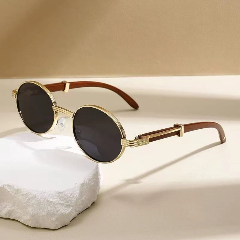 Metal Oval-Frame Sunglasses With A Wood-Grain Finish Product Description