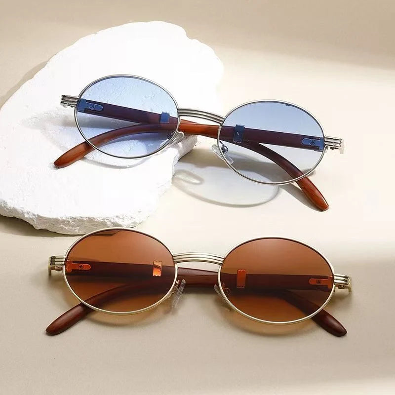 Metal Oval-Frame Sunglasses With A Wood-Grain Finish Product Description