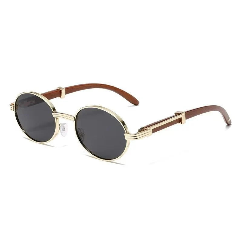 Metal Oval-Frame Sunglasses With A Wood-Grain Finish Product Description