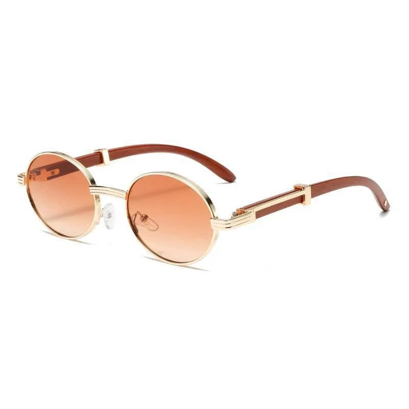 Metal Oval-Frame Sunglasses With A Wood-Grain Finish Product Description